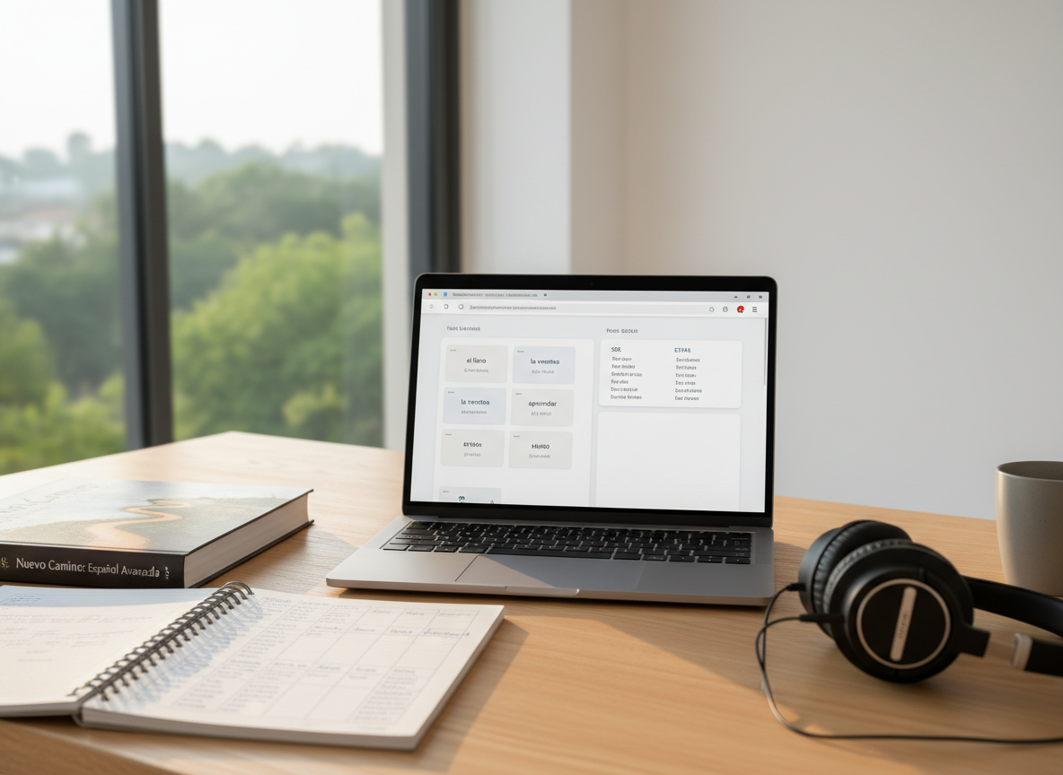 A sleek laptop open on a light oak desk, its screen displaying a clean interface for an online Spanish class with neatly arranged vocabulary cards and a digital whiteboard. Around the laptop sit a high-quality Spanish textbook, a notebook with tidy handwritten conjugations, and a pair of over-ear headphones resting neatly beside. The scene is set in a minimalist home office with white walls and a large window, where soft morning daylight pours in, creating gentle highlights on the laptop’s metallic surface and subtle shadows on the desk. Shot at eye level with photographic realism and a shallow depth of field, the background fades into a soft blur of greenery outside, conveying a professional, calm, and focused atmosphere perfect for online learning.