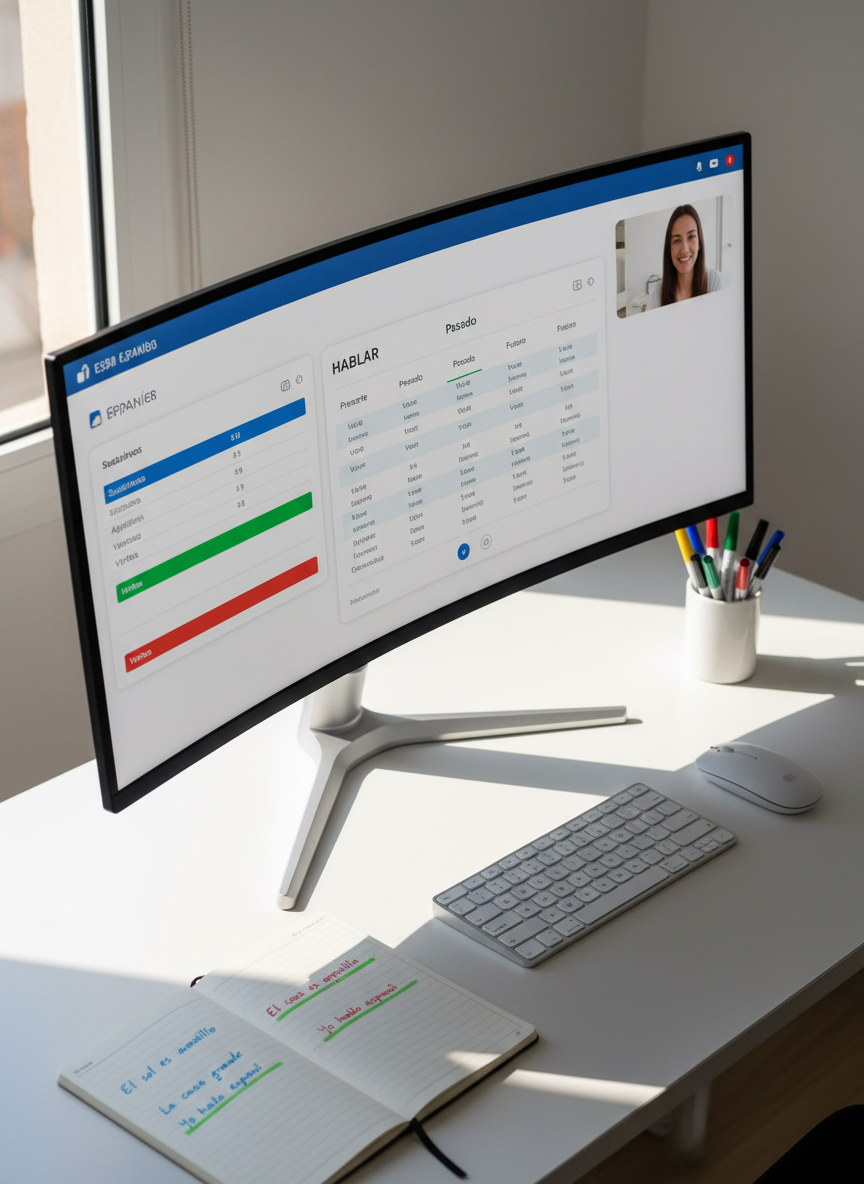 A meticulously organized digital study workspace displayed on a modern, ultra-wide monitor placed on a matte white desk. The screen shows a structured Spanish lesson: color-coded grammar tables, an interactive verb conjugation chart, and a small video call window with muted controls visible, all in a clean, professional interface. Next to the monitor rests a wireless keyboard, a slim notebook with neatly highlighted Spanish phrases, and a ceramic pen holder with fine-tip markers. Natural afternoon light streams in from the left, casting soft, directional illumination and delicate shadows, emphasizing the clarity of the setup. Photographic realism, shot from a slightly elevated angle with balanced composition and sharp focus throughout, creating an atmosphere of order, efficiency, and professional online education.