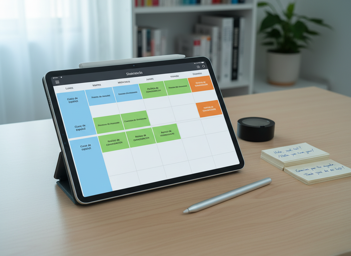 A tidy digital planner displayed on a tablet lying flat on a smooth wooden desk, showing a weekly schedule filled with Spanish lessons, practice sessions, and review times, each labeled in Spanish with color-coded blocks. Next to the tablet is a slim stylus, a small stack of index cards with handwritten Spanish phrases, and a discreet digital timer. Subtle morning daylight from a nearby window illuminates the surface, producing a calm, cool-toned light that enhances the clarity of the tablet screen without glare. Photographic realism, shot from a slightly elevated angle following the rule of thirds, with a softened background featuring a blurred bookshelf, creates a composed, efficient, and professional mood focused on organized language learning.