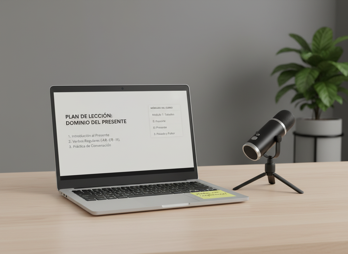 A modern, minimalist desktop setup featuring a sleek silver laptop connected to a slim external microphone on a small adjustable stand, positioned prominently as the main subject. On the laptop screen, a professional-looking Spanish lesson is open, showing a structured lesson plan, clear headings in Spanish, and a sidebar of organized modules. A small sticky note beside the trackpad displays a short Spanish phrase written neatly. The environment is a clean, uncluttered desk against a soft gray wall, with a potted plant adding a touch of green in the blurred background. Soft studio lighting from the front and slightly above creates even illumination with gentle, controlled shadows, reinforcing a professional, trustworthy, and high-quality atmosphere for online Spanish instruction.