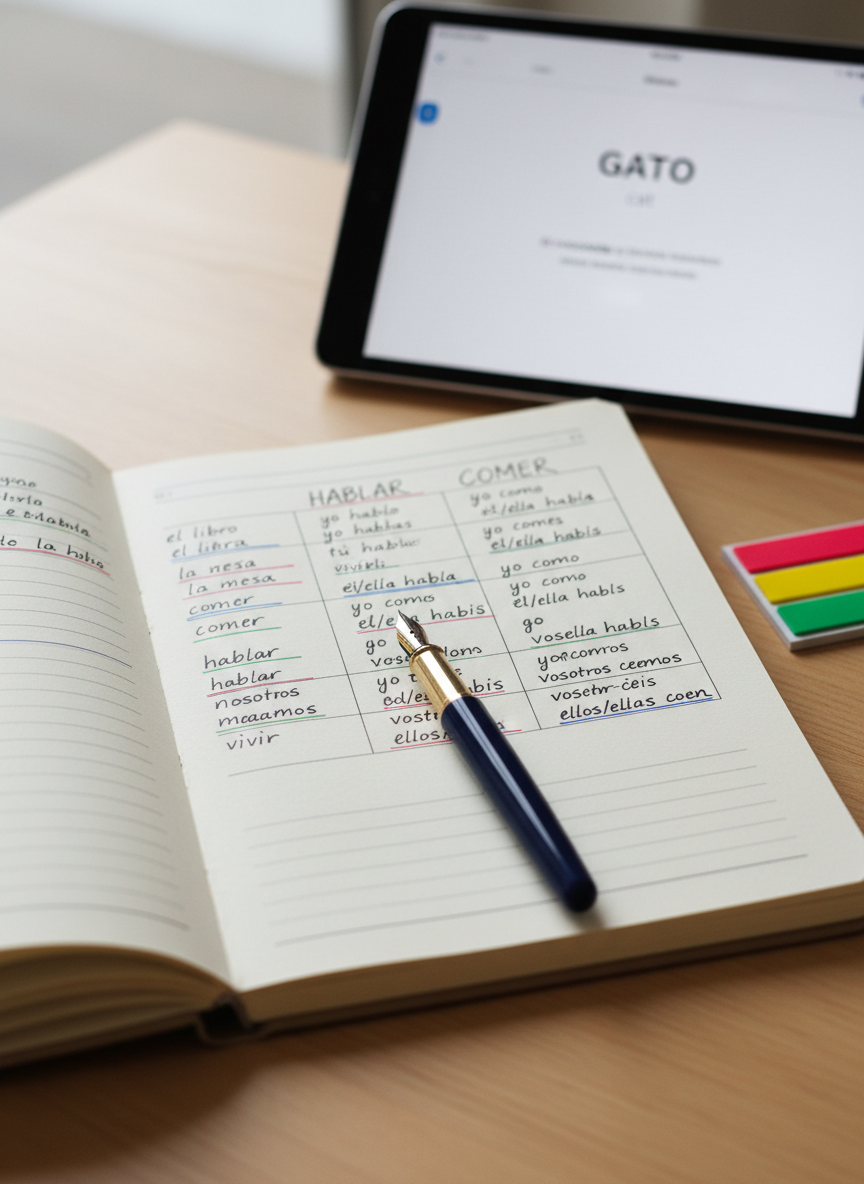A close-up of a high-quality spiral notebook open to a neatly written page of Spanish vocabulary and verb conjugations, each term carefully underlined in different colors. A smooth, dark blue fountain pen rests diagonally across the page, with a small stack of adhesive tabs in red, yellow, and green beside it. The notebook lies on a clean, light wood table where a slim tablet displays a digital Spanish flashcard app slightly out of focus in the background. Soft, diffused overcast light from a nearby window washes over the scene, reducing harsh shadows and creating an intimate, focused mood. Photographic realism with a shallow depth of field emphasizes the written words, conveying dedication, precision, and structured language learning.
