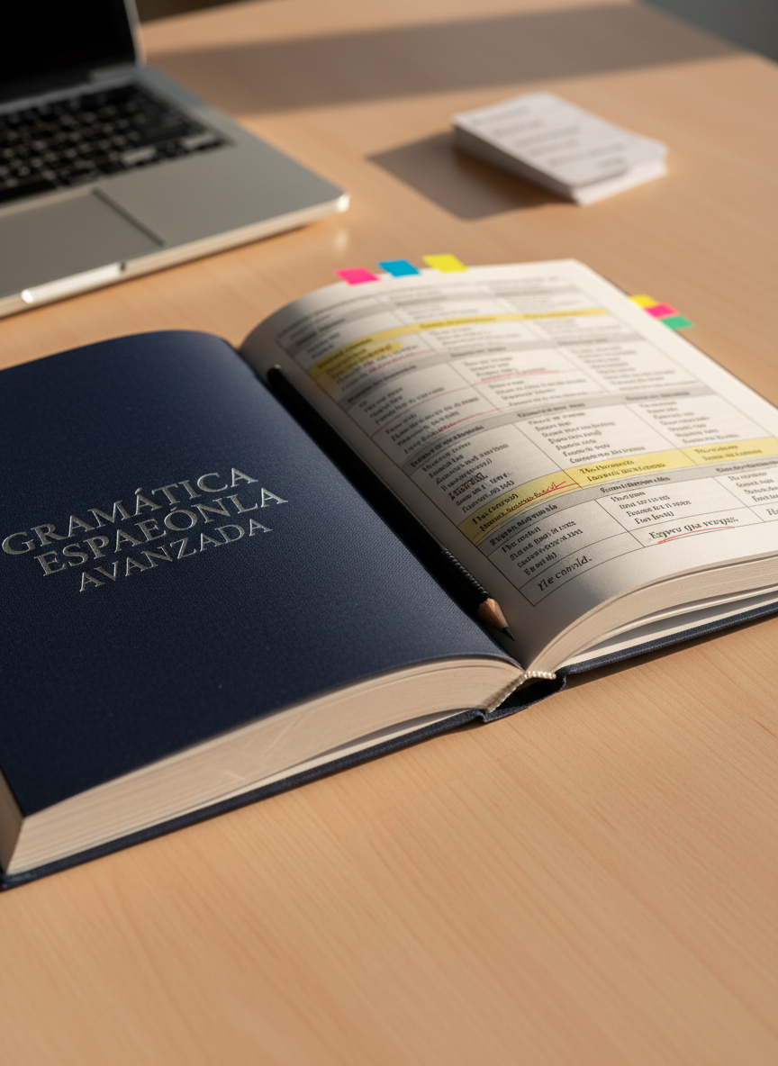 An elegant, hardcover Spanish grammar book with a deep navy cover and silver embossed title lies open on a tidy desk, pages slightly curved to reveal detailed conjugation tables and highlighted example sentences. A fine, black mechanical pencil rests in the spine crease, and a set of small, color-coded sticky flags protrude from the top edge of the book. The desk surface is smooth, light beech wood, with a closed laptop and a neat stack of vocabulary flashcards softly blurred in the background. Warm, diffused golden-hour light filters in from the right, catching the metallic lettering and creating gentle, elongated shadows. Photographic realism with a medium close-up, shallow depth of field, and balanced composition conveys a serious, studious, and professional approach to mastering Spanish.