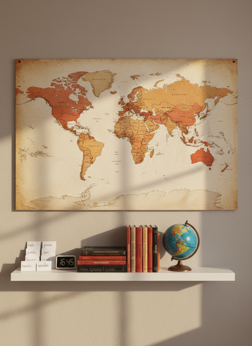 A large world map pinned to a neutral wall, with Spanish-speaking countries subtly highlighted in warm terracotta and gold tones. A small, elegant white shelf below holds a neat row of Spanish dictionaries, grammar guides, and a globe with Spanish-speaking regions slightly more saturated in color. On the shelf, a tidy stack of flashcards labeled in Spanish sits next to a small digital clock. The scene is illuminated by gentle late-afternoon sunlight angling in from the right, casting long, soft shadows and a warm glow over the map’s surface. Captured in photographic realism with an eye-level, wide composition and moderate depth of field, the image conveys a professional, global perspective on learning Spanish online.